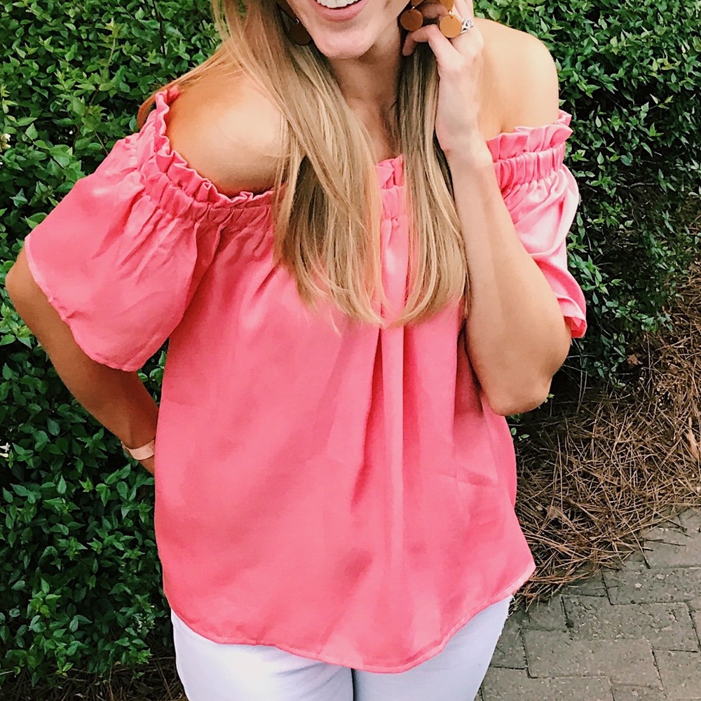 Off the shoulder silky coral top. Like new without tags.